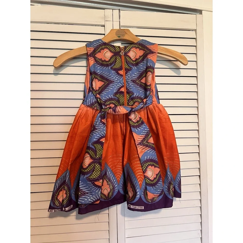 NIGERIAN AFRICAN Kids Girls Dress Size 4T Handmade Aline Sleeveless Orange Blue